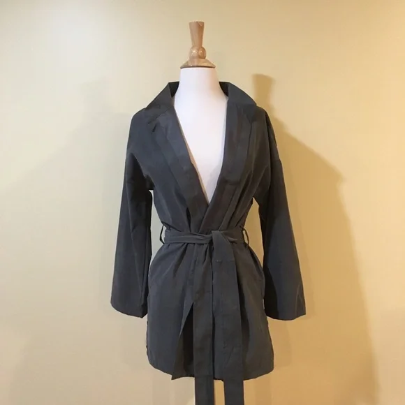 Tie Front Modern Lapel Trench Coat Slate Green - Picture 5 of 5